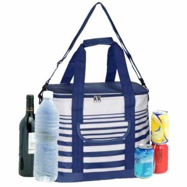 Koeltas draagtas schoudertas blauw/wit gestreept 28 x 18 x 29 cm 12 liter