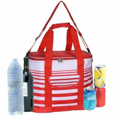 Koeltas draagtas schoudertas rood/wit gestreept 28 x 18 x 29 cm 12 liter