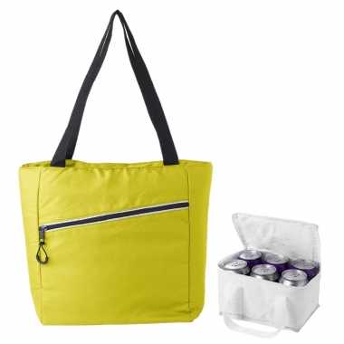 Koeltassen set draagtas/schoudertas geel/wit 20 en 4 liter