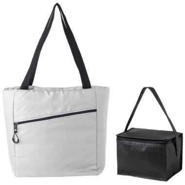 Koeltassen set draagtas/schoudertas wit/zwart 20 en 4 liter