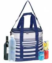 Grote koeltas draagtas schoudertas blauw wit gestreept 33 x 23 x 36 cm 24 liter