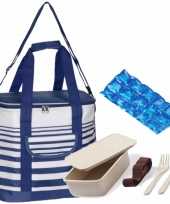 Grote koeltas draagtas schoudertas blauw wit met lunchbox met bestek en flexibel koelelement