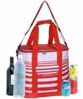 Grote koeltas draagtas schoudertas rood wit gestreept 33 x 23 x 36 cm 24 liter